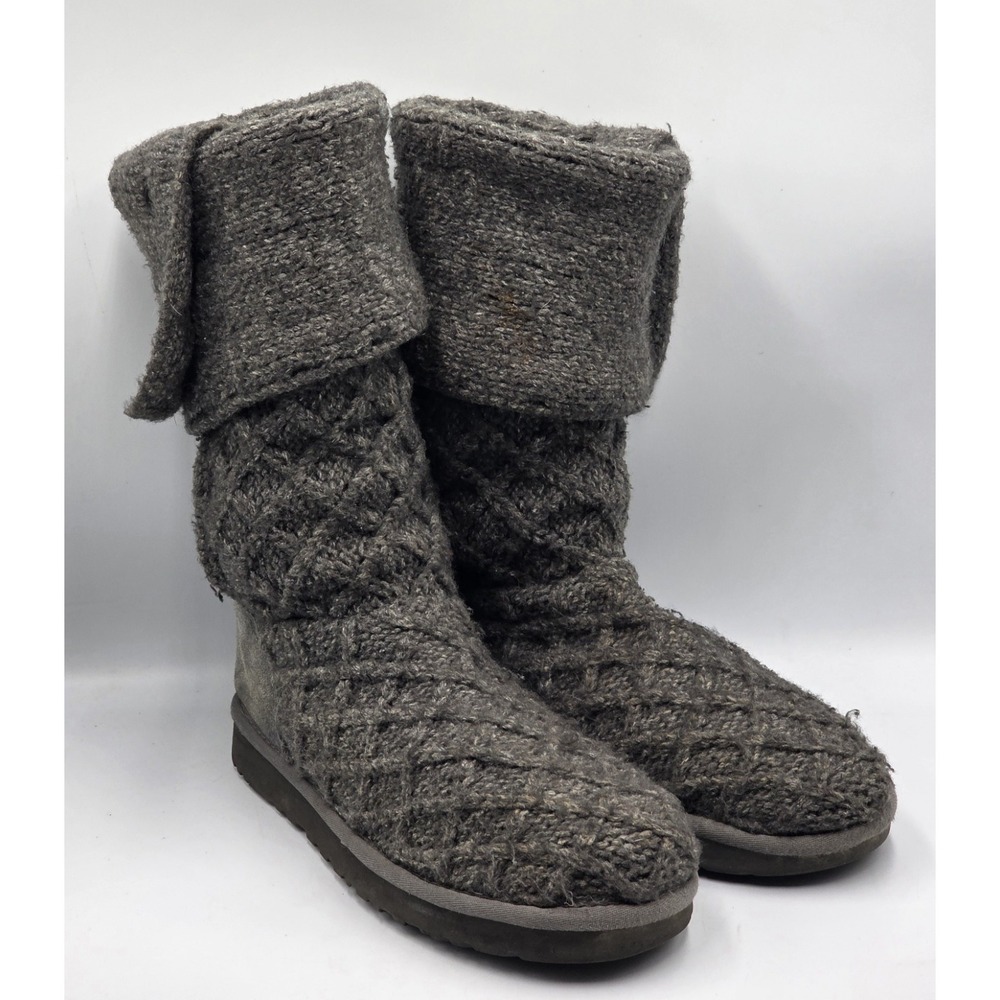 UGG Lattice Cardy 3066 Women's 10 Gray Knit Sweater Boots 3 Button Fold Down